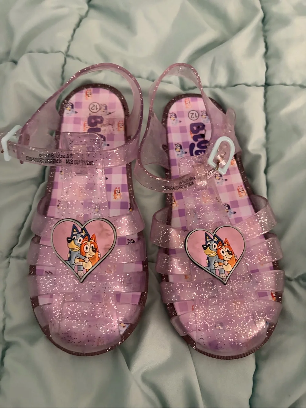 Kids Glitter Jelly Sandals in Purple with Heart Character Accent